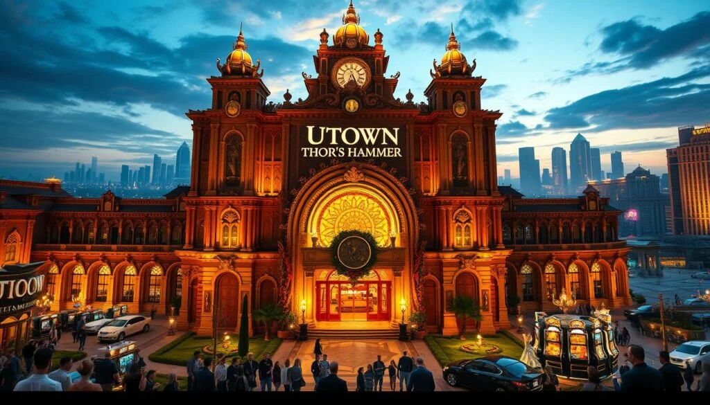 A majestic, illuminated facade of the UTown "Thor's Hammer" casino, with a towering, ornate entrance and intricately detailed architectural elements. The building is bathed in a warm, golden light, creating a grand and inviting atmosphere. In the foreground, a bustling scene of people entering the casino, their expressions a mix of anticipation and excitement. The middle ground features a sprawling courtyard with lush greenery and water features, while the background showcases a stunning cityscape with towering skyscrapers. The overall composition conveys a sense of luxury, opulence, and the thrill of gaming.