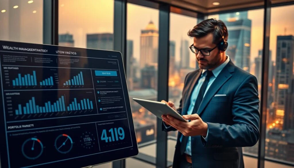 A vibrant, detailed scene depicting a successful wealth management strategy. In the foreground, a UTown branded infographic showcases financial metrics and projections. In the middle ground, a well-dressed investor reviews portfolio reports on a sleek digital tablet. The background features a modern, glass-walled office overlooking a bustling urban skyline, bathed in warm, directional lighting. The overall mood conveys a sense of financial prowess, control, and confidence. A vibrant, detailed scene depicting a successful wealth management strategy. In the foreground, a UTown branded infographic showcases financial metrics and projections. In the middle ground, a well-dressed investor reviews portfolio reports on a sleek digital tablet. The background features a modern, glass-walled office overlooking a bustling urban skyline, bathed in warm, directional lighting. The overall mood conveys a sense of financial prowess, control, and confidence.