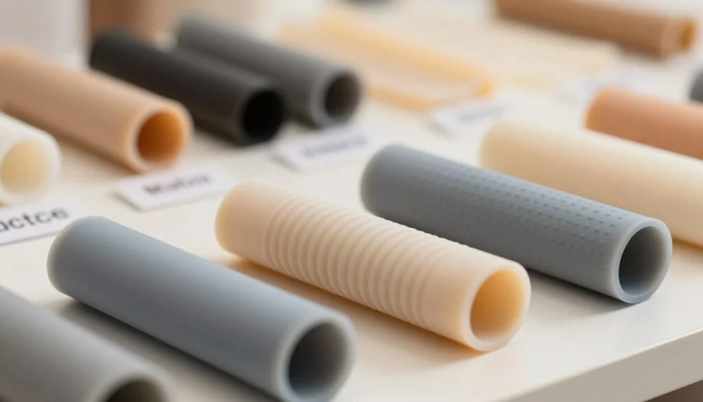A close-up comparison of silicone sleeve materials, showcasing a variety of textures and colors in a well-lit setting. In the foreground, several silicone sleeves in different finishes—smooth, ribbed, and dotted—are displayed, with a focus on their unique tactile qualities. The middle ground should feature a softly blurred display of materials with labels indicating their textures. The background includes gentle warm lighting that creates a cozy atmosphere, enhancing the visual appeal without drawing attention away from the materials. The camera angle is slightly tilted to emphasize depth, while maintaining a clean, professional appearance. The overall mood is inviting and informative, offering a clear view of the textures while capturing the essence of material choice.