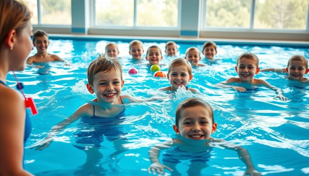 A lively children's swimming class taking place in an indoor pool environment. In the foreground, a group of young children, aged 6 to 10, are smiling and practicing their swimming techniques under the watchful eyes of their certified instructor, who is wearing swimwear and a whistle. The middle ground features bright blue water splashing as kids practice various strokes, with floating pool toys strategically placed around them. In the background, large windows let in soft, natural light, creating a bright and inviting atmosphere. The mood is cheerful and energetic, embodying the excitement of learning new skills while emphasizing the importance of proper technique and safety in swimming.