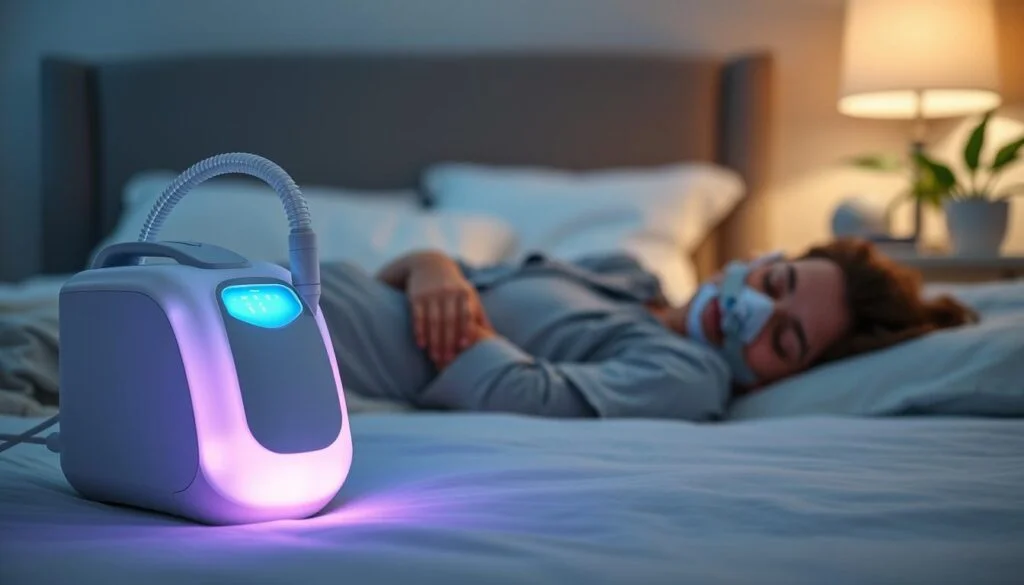 A serene nighttime scene in a well-appointed bedroom featuring a person comfortably sleeping, using a sleep breathing machine. In the foreground, the focus is on the sleek, modern device gently illuminating with a soft blue light, connected to a comfortable mask on the user's face. The middle ground displays the sleeping individual, dressed in modest pajamas, lying peacefully on their side. The background features soft, ambient lighting with muted colors, such as calming blues and greens, alongside bedside essentials like a lamp and a plant. The atmosphere evokes a sense of tranquility and health, symbolizing the importance of non-invasive ventilation therapy. The image captures a moment of restful sleep, emphasizing the device's critical role in treating respiratory conditions.