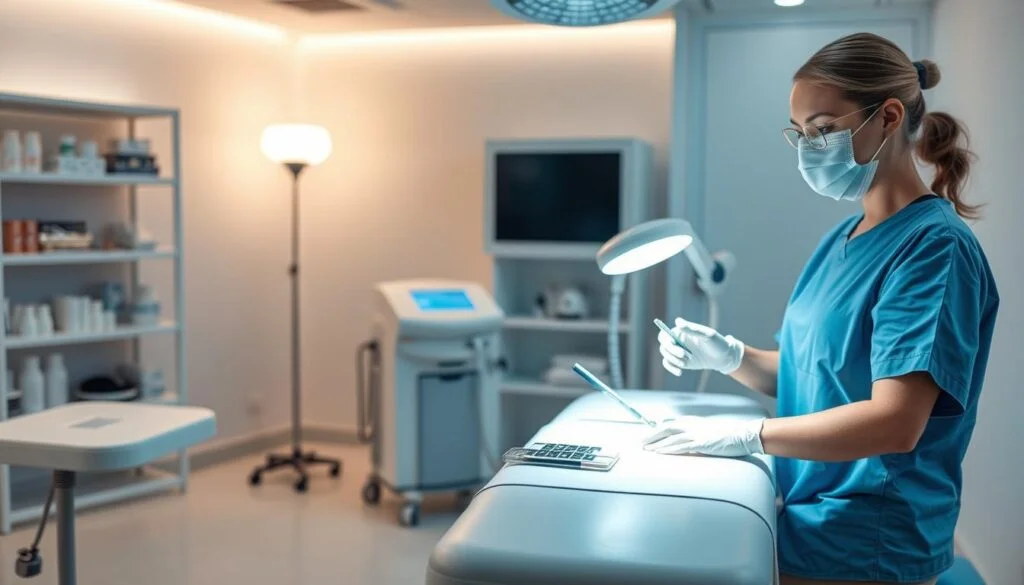 A modern clinical setting focused on the method of wart removal. In the foreground, a pristine treatment table is equipped with sterile instruments and a professional healthcare worker in scrubs and a mask, demonstrating a non-invasive wart removal procedure. The middle ground features a well-lit room with high-tech medical equipment, including a laser device, showcasing a focus on hygiene and comfort. The background includes an array of medical supplies on shelves and a softly glowing lamp, enhancing the sterile atmosphere. The image is well-lit, highlighting the professionalism and technological advancement of the treatment. The mood is calm and reassuring, embodying a sense of trust and safety for patients undergoing the procedure.