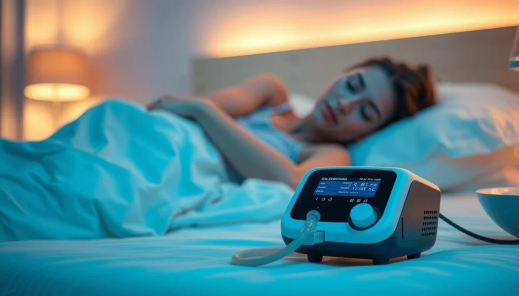 A modern sleep apnea machine, prominently displayed in the foreground, showcasing its sleek design with a digital interface and attached tubing. The middle ground features a serene bedroom environment, softly lit by warm, ambient lighting, evoking a calm and restful atmosphere. In the background, a peaceful sleeping figure, dressed in modest sleepwear, demonstrates the machine’s functionality. The image should have a soft focus to convey tranquility, with a slight depth of field that emphasizes the sleep apnea device. The overall mood should be reassuring and informative, highlighting the importance of using such a device for better sleep quality.
