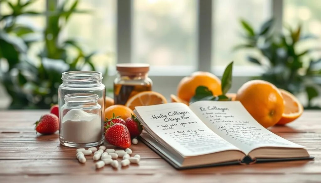 A serene and informative scene depicting a variety of collagen supplements on a wooden table. In the foreground, there are elegant glass jars filled with collagen powder, alongside fresh fruits such as strawberries and oranges to symbolize natural ingredients. The middle ground features a stylish, open notebook with handwritten notes on collagen benefits, emphasizing a natural, healthy lifestyle. The background showcases soft, diffused natural light filtering through greenery, creating an inviting and fresh atmosphere. The overall mood is calming and educational, reflecting the essence of skincare and nutrition. The image should have a shallow depth of field, keeping the focus on the foreground while gently blurring the background elements.