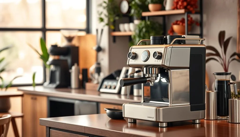 A sleek and modern La Marzocco Linea Micra coffee machine is prominently displayed on a stylish home bar setup, designed for optimal workflow and efficiency. In the foreground, the coffee machine gleams under soft, warm lighting, casting inviting reflections. The middle ground features a beautifully arranged bar counter with high-quality accessories like coffee grinders, espresso cups, and tools, all enhancing the professional aesthetic. In the background, a cozy café-like atmosphere with soft wooden tones and vibrant indoor plants adds warmth and contextual depth. The image has a sharp focus, mimicking a shallow depth of field for an elegant look. The overall mood is sophisticated yet approachable, perfect for coffee enthusiasts seeking to elevate their brewing experience. A sleek and modern La Marzocco Linea Micra coffee machine is prominently displayed on a stylish home bar setup, designed for optimal workflow and efficiency. In the foreground, the coffee machine gleams under soft, warm lighting, casting inviting reflections. The middle ground features a beautifully arranged bar counter with high-quality accessories like coffee grinders, espresso cups, and tools, all enhancing the professional aesthetic. In the background, a cozy café-like atmosphere with soft wooden tones and vibrant indoor plants adds warmth and contextual depth. The image has a sharp focus, mimicking a shallow depth of field for an elegant look. The overall mood is sophisticated yet approachable, perfect for coffee enthusiasts seeking to elevate their brewing experience.