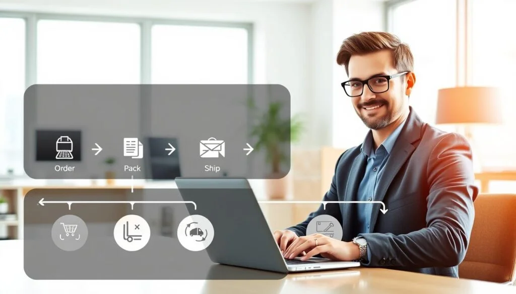 A detailed illustration of a recommended process for purchasing and forwarding items from the United States, featuring organized steps and flowcharts. In the foreground, show a confident business professional in smart casual attire, working on a laptop, with a focus on a user-friendly interface displaying tracking information and shipping options. The middle layer includes neatly arranged icons representing steps like 'Order', 'Pack', 'Ship', and 'Track', with arrows connecting them in a clear flow. The background features a bright office environment, with soft, natural lighting coming through a window, creating an inviting and efficient atmosphere. The overall mood conveys clarity, ease, and professionalism, suitable for a guide on safe and efficient purchasing and forwarding processes.