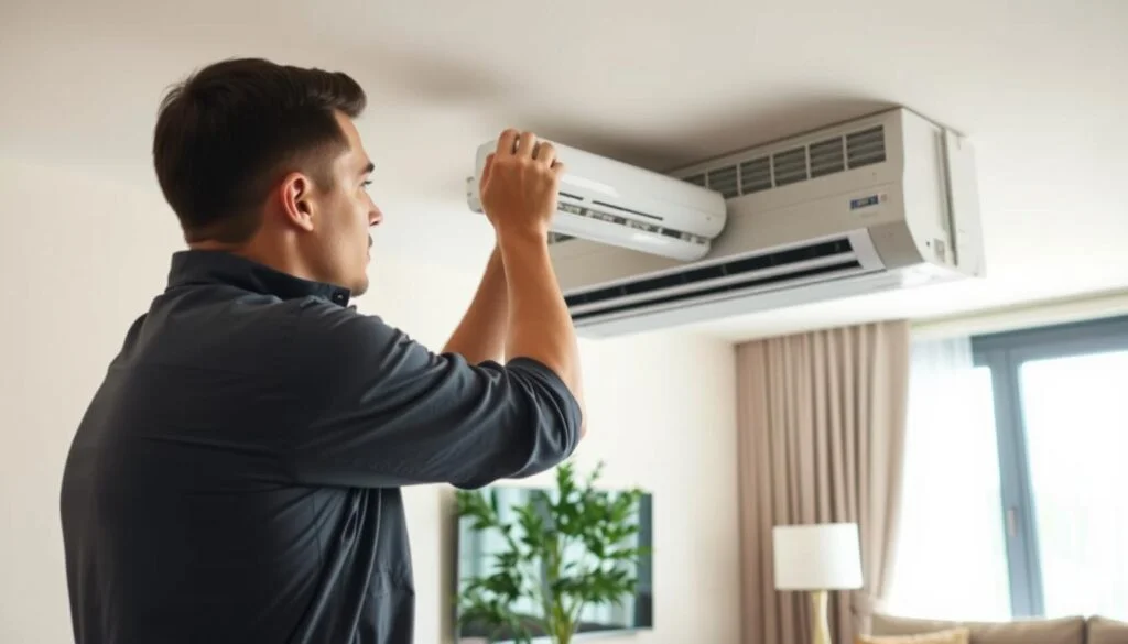 A professional technician installing a split-type air conditioning unit in a modern living room. In the foreground, the technician, dressed in a neat work uniform, carefully positions the indoor unit on the wall. The middle ground features the sleek air conditioner mounted just below a ceiling with adequate clearance from the top and corners, showcasing proper installation guidelines. In the background, a well-furnished room with stylish curtains and minimalistic decor evokes a sense of comfort and professionalism. Soft, natural lighting filters through a nearby window, creating a bright and inviting atmosphere. The angle captures the technician's focused expression as they ensure quality workmanship, emphasizing the importance of proper installation distance from walls and furniture.