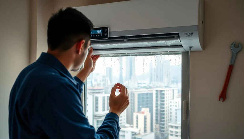An air conditioning unit with water droplets collecting on its surface, illustrating a repair situation in a humid Hong Kong setting. In the foreground, a technician in a blue uniform is adjusting the AC settings on a digital display, showing a focus on temperature and fan speed adjustments. The middle ground features the AC unit mounted on a wall, with visible signs of prior water leakage and repair tools like a wrench and screwdriver. The background depicts a typical Hong Kong apartment with a window showing humidity-laden streets and a glimpse of a vibrant city skyline. Soft, natural lighting streams through the window, creating a slightly overcast atmosphere that enhances the sense of humidity. Aim for a realistic, informative depiction to convey the importance of proper air conditioning settings to prevent water leakage.